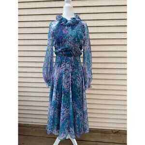 Vtg 60s Ruffle Maxi Dress M 6 8 Purple Floral Long Sleeve Modest Fairy Retro